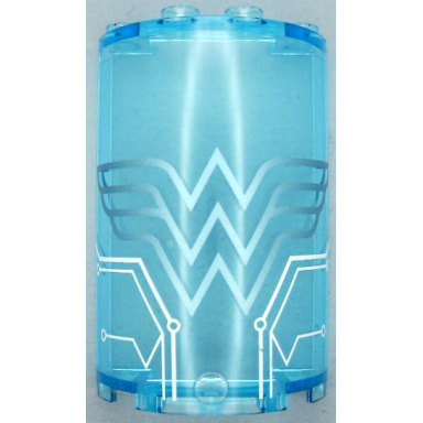 trans-light blue cylinder half 2 x 4 x 5 with 1 x 2 cutout with metallic light blue wonder woman logo and white circuitry pattern sticker - set 41239