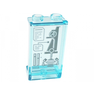 trans-light blue panel 1 x 2 x 3 with side supports - hollow studs with display with avengers tower battle pattern sticker - set 76166
