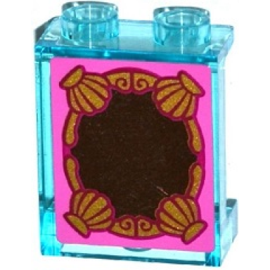trans-light blue panel 1 x 2 x 2 with side supports - hollow studs with mirror with gold frame with shells on dark pink background pattern sticker - set 41063