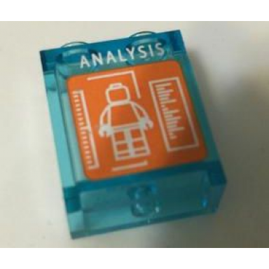 trans-light blue panel 1 x 2 x 2 with side supports - hollow studs with analysis and minifigure on orange screen pattern sticker - set 76038