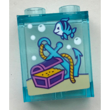 trans-light blue panel 1 x 2 x 2 with side supports - hollow studs with bubbles fish anchor and treasure chest pattern sticker - set 41345