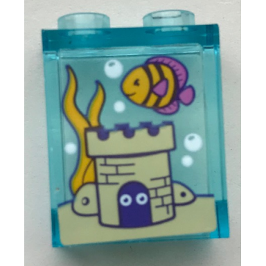 trans-light blue panel 1 x 2 x 2 with side supports - hollow studs with bubbles fish castle and seaweed pattern sticker - set 41345