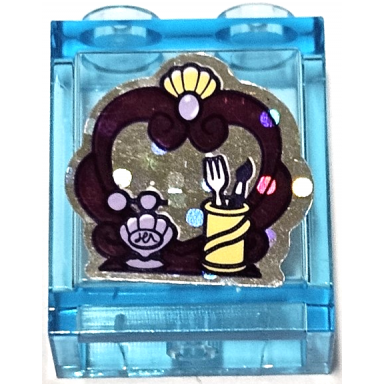 trans-light blue panel 1 x 2 x 2 with side supports - hollow studs with mirror bright light yellow and lavender clam shells brush and fork in pot on silver holographic background pattern sticker - set 41162