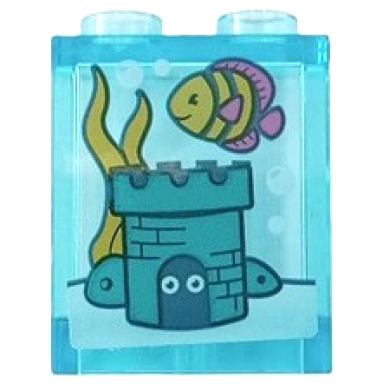 trans-light blue panel 1 x 2 x 2 with side supports - hollow studs with dark turquoise sand castle seaweed bubbles and fish pattern sticker - set 41405