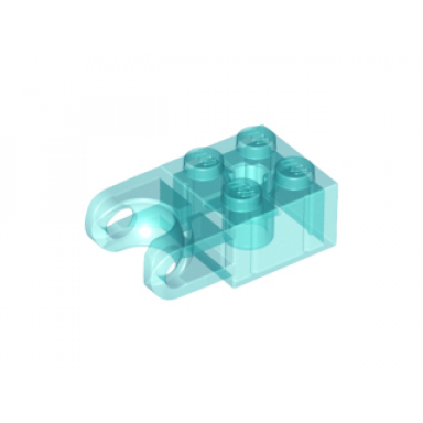 trans-light blue technic brick modified 2 x 2 with ball socket and axle hole - straight forks with round ends and open sides