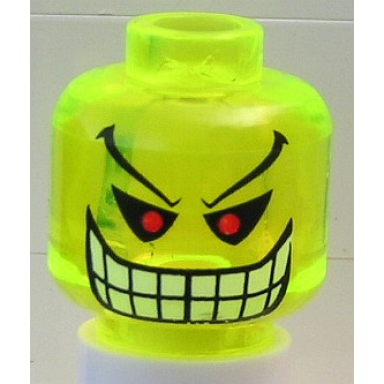 trans-neon green minifigure head red eyes eyebrows white teeth and grin pattern the jokers bomb