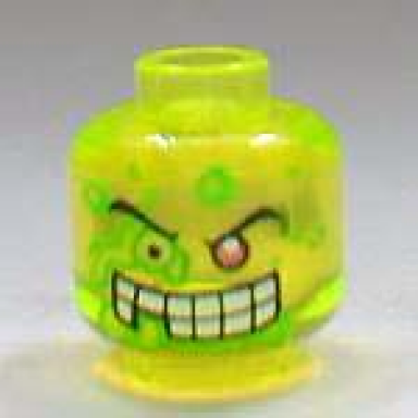 trans-neon green minifigure head slime face 1 red eye white teeth missing tooth pattern