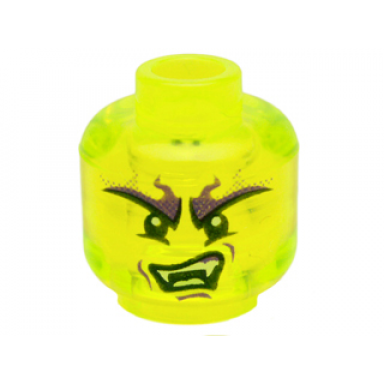 trans-neon green minifigure head alien ghost with large dark purple and black eyebrows white fangs and lopsided scowl pattern