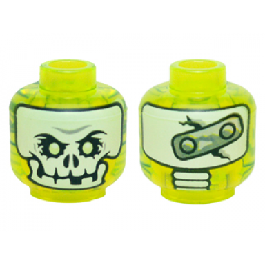 trans-neon green minifigure head alien ghost with white skull face yellowish green eyes and metal plate on back pattern