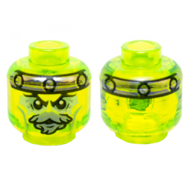 trans-neon green minifigure head alien ghost with gray goatee yellowish green eyes and metal band on front and back pattern