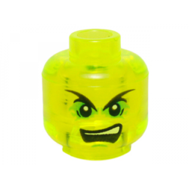 trans-neon green minifigure head black pointed eyebrows bright green eye shadow open mouth scowl with top teeth pattern