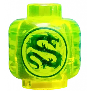 trans-neon green minifigure head without face with dark green dragon in circle pattern