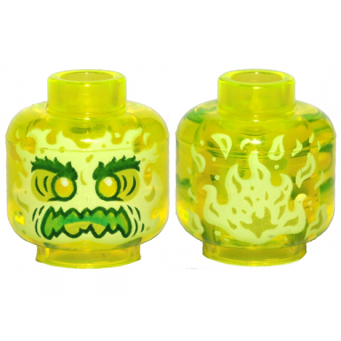 trans-neon green minifigure head alien ghost with yellowish green face bushy eyebrows angry and flames in back pattern