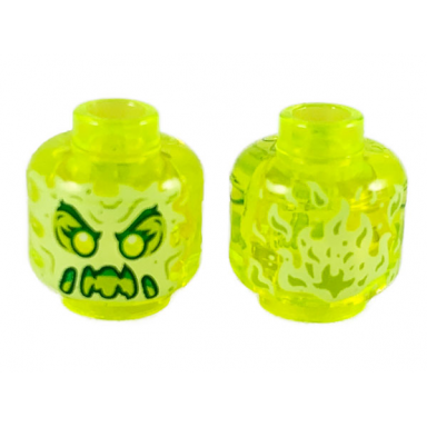 trans-neon green minifigure head alien ghost with yellowish green face slime mouth raised eyebrows and flames in back pattern