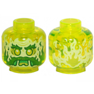 trans-neon green minifigure head alien ghost with yellowish green face beard sideburns slime mouth and flames in back pattern