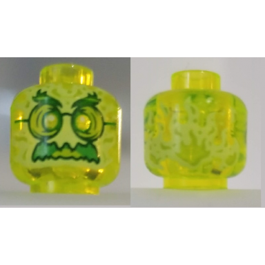 trans-neon green minifigure head alien ghost with yellowish green face bushy eyebrows glasses angry and flames in back pattern