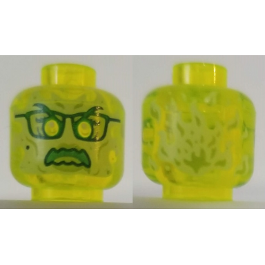 trans-neon green minifigure head alien ghost with yellowish green face glasses angry and flames in back pattern