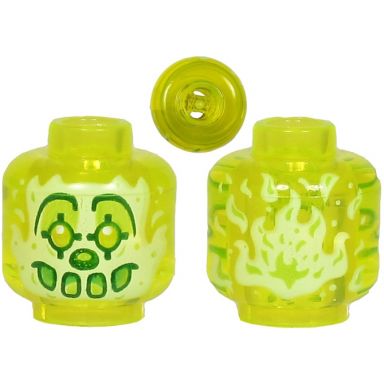 trans-neon green minifigure head alien ghost clown with yellowish green face large drawn eyebrows pointed eyes nose and flames in back pattern