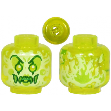 trans-neon green minifigure head alien ghost clown with yellowish green face large raised eyebrows pointed eyes and flames in back pattern