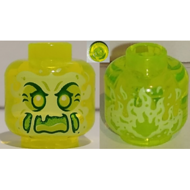 trans-neon green minifigure head alien ghost with yellowish green face cheeks large raised eyebrows pointed eyes and flames in back pattern