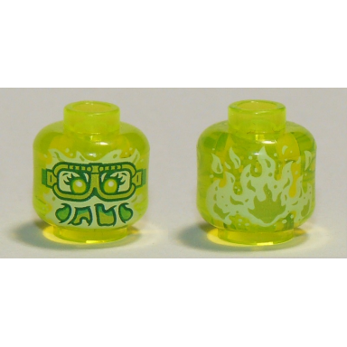 trans-neon green minifigure head alien ghost with yellowish green face slime mouth glasses and flames in back pattern