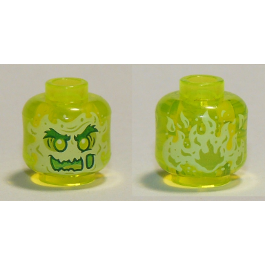 trans-neon green minifigure head alien ghost with yellowish green face bushy eyebrows slime mouth and flames in back pattern