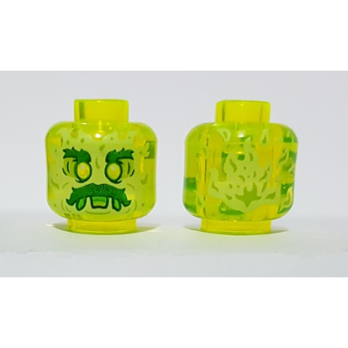 trans-neon green minifigure head alien ghost with yellowish green face bushy eyebrows moustache and flames in back pattern