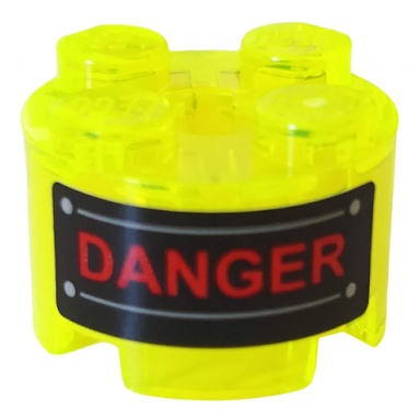 trans-neon green brick round 2 x 2 with axle hole with red danger light bluish gray rivets and lines on black background pattern sticker - set 76142