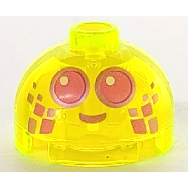 trans-neon green brick round 2 x 2 dome top with dark pink eyes with metallic pink outlines and smile pattern