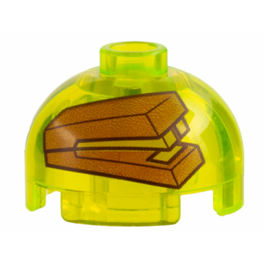 trans-neon green brick round 2 x 2 dome top with dark orange stapler in jello mold pattern
