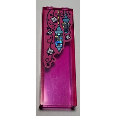 trans-dark pink brick 1 x 2 x 5 with 2 hanging lamps and vines pattern sticker - set 41161