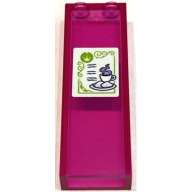 trans-dark pink brick 1 x 2 x 5 with menu with crown writing cup with lavender steam and lime scrollwork border pattern sticker - set 41162