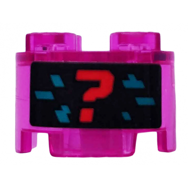 trans-dark pink brick round 2 x 2 with axle hole with red question mark and dark turquoise pixels on black background pattern sticker - set 71708