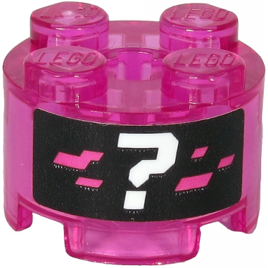 trans-dark pink brick round 2 x 2 with axle hole with white question mark and dark pink pixels on black background pattern sticker - set 71710