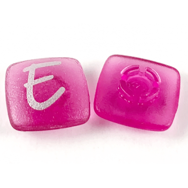 trans-dark pink clikits icon square 2 x 2 small with pin frosted with silver capital letter e pattern