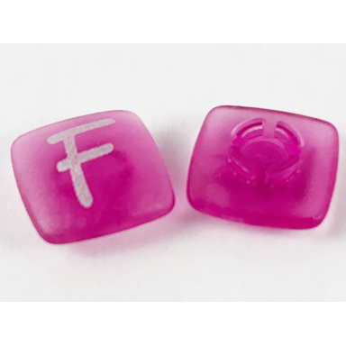 trans-dark pink clikits icon square 2 x 2 small with pin frosted with silver capital letter f pattern