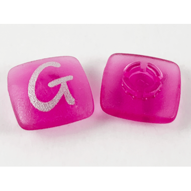 trans-dark pink clikits icon square 2 x 2 small with pin frosted with silver capital letter g pattern