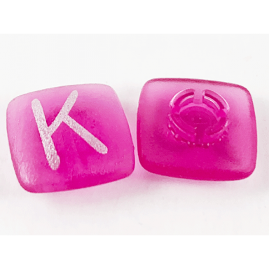 trans-dark pink clikits icon square 2 x 2 small with pin frosted with silver capital letter k pattern