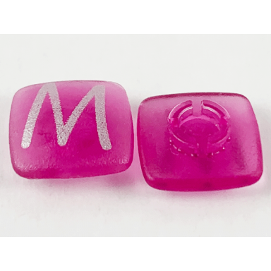 trans-dark pink clikits icon square 2 x 2 small with pin frosted with silver capital letter m pattern