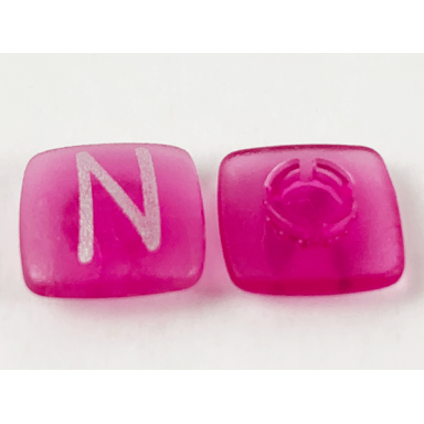 trans-dark pink clikits icon square 2 x 2 small with pin frosted with silver capital letter n pattern