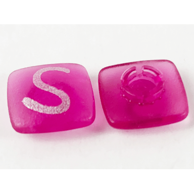 trans-dark pink clikits icon square 2 x 2 small with pin frosted with silver capital letter s pattern