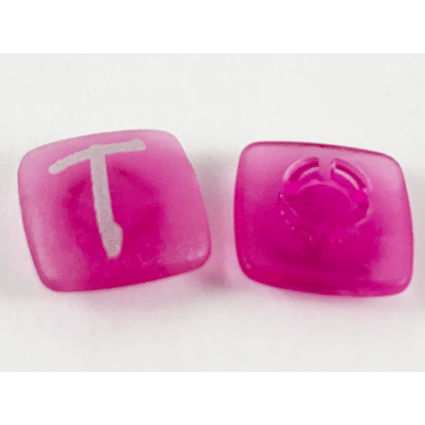 trans-dark pink clikits icon square 2 x 2 small with pin frosted with silver capital letter t pattern