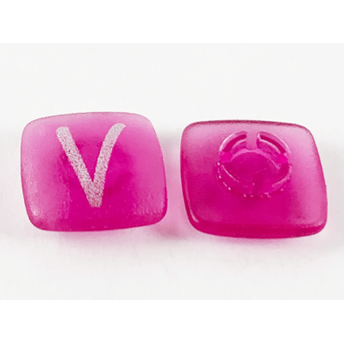 trans-dark pink clikits icon square 2 x 2 small with pin frosted with silver capital letter v pattern