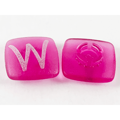 trans-dark pink clikits icon square 2 x 2 small with pin frosted with silver capital letter w pattern