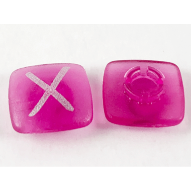 trans-dark pink clikits icon square 2 x 2 small with pin frosted with silver capital letter x pattern