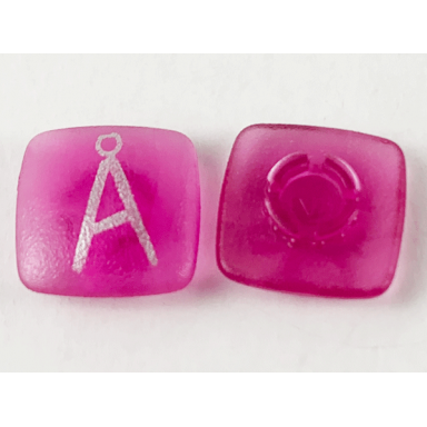 trans-dark pink clikits icon square 2 x 2 small with pin frosted with silver capital letter a with ring å pattern