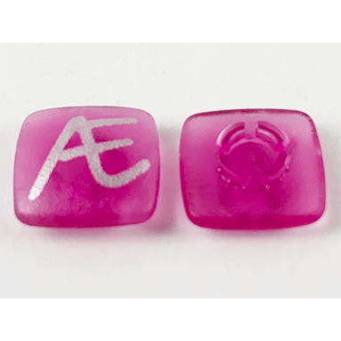 trans-dark pink clikits icon square 2 x 2 small with pin frosted with silver capital letter æ pattern