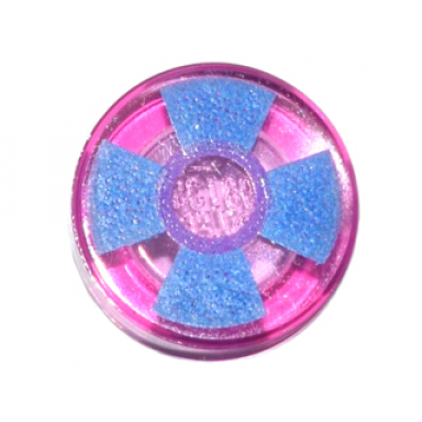trans-dark pink tile round 1 x 1 with blue and medium lavender pinwheel pattern