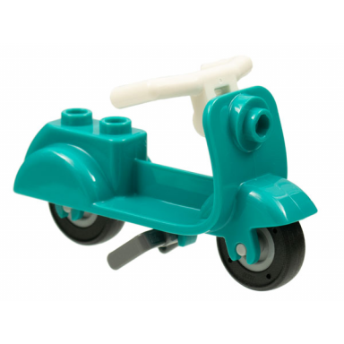 dark turquoise scooter with dark bluish gray stand white angular handlebars and light bluish gray wheels