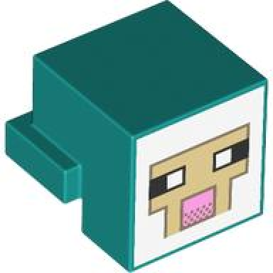 dark turquoise creature head pixelated with black and white eyes bright pink nose tan face with dark tan outline on white background pattern minecraft sheep